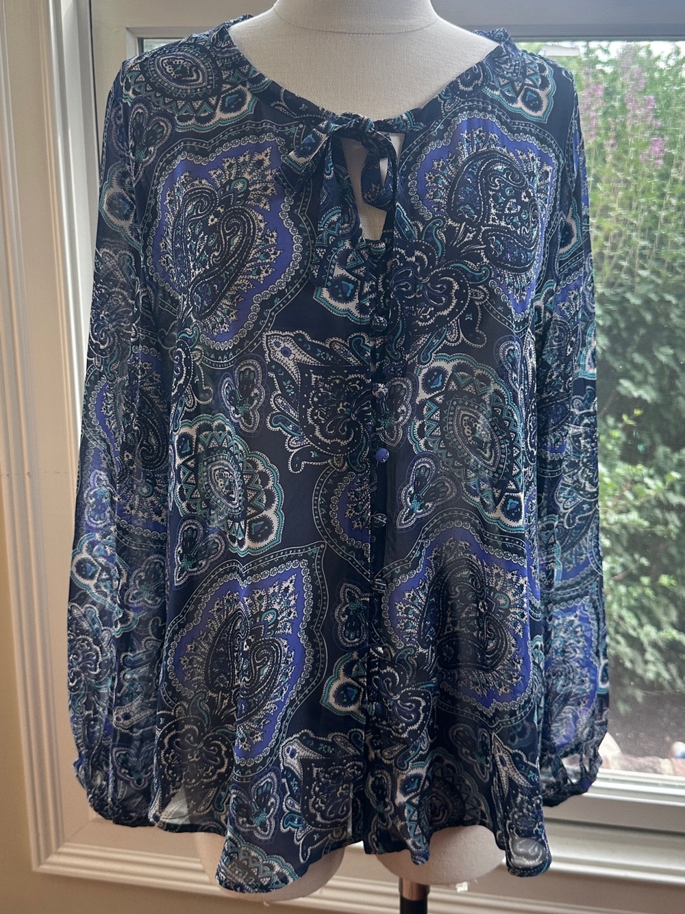 Ann Taylor Sheer Navy Paisley Sheer Blouse, Size Large